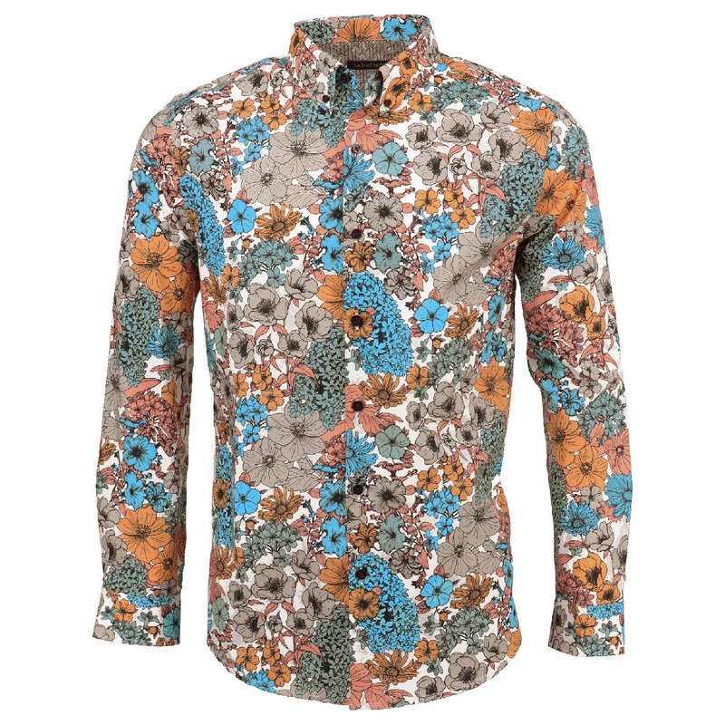 Lords Of Harlech Morris Linear Floral Wow Shirt In Brown/yellow/orange