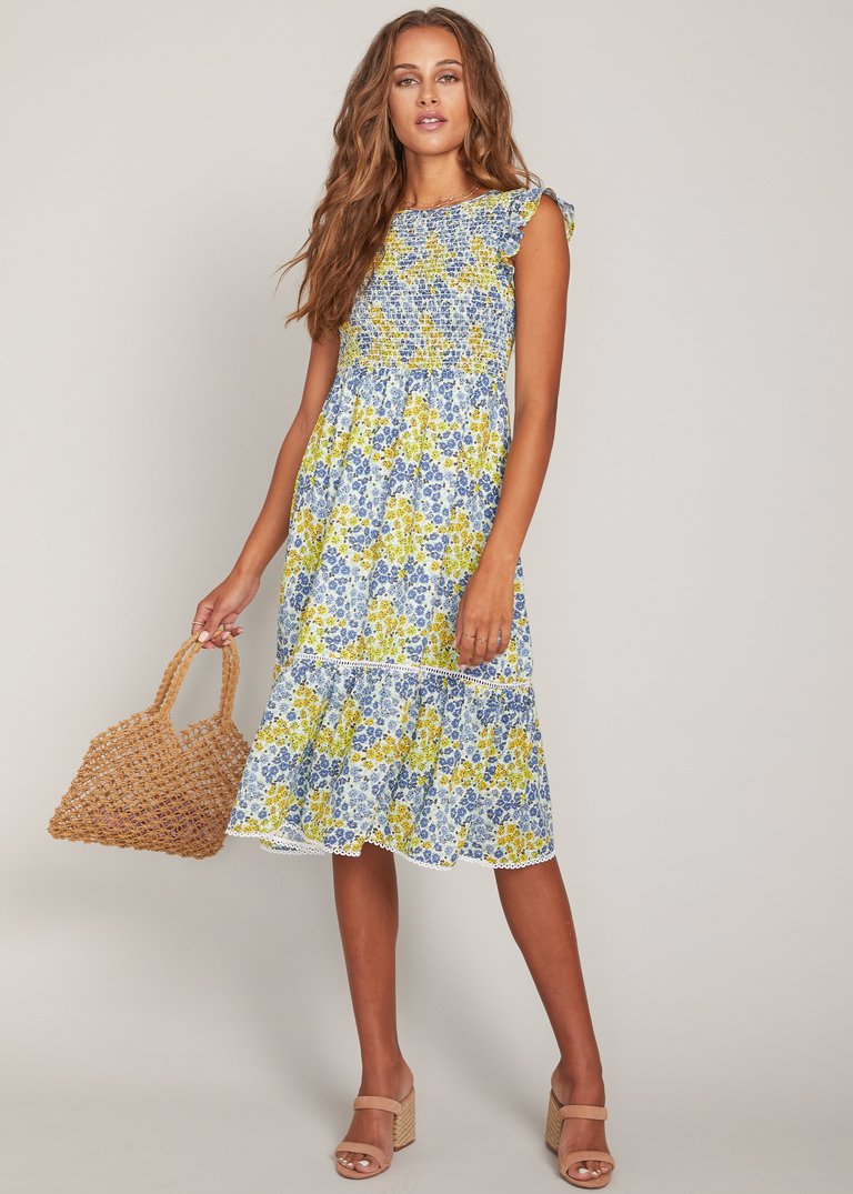 Blossom And Bloom Midi Dress - BLUE YELLOW FLORAL