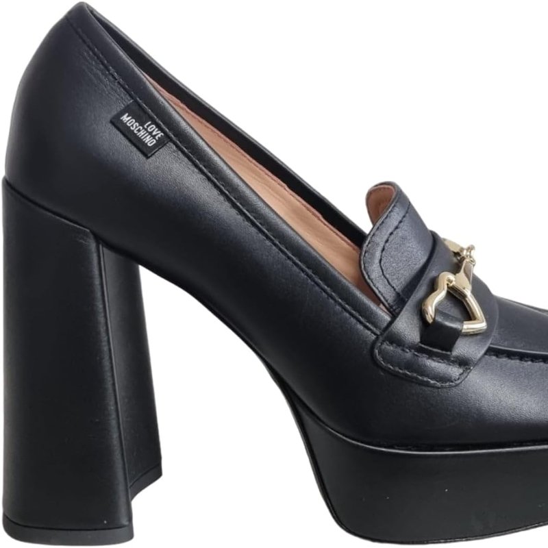 Shop Love Moschino Women's Leather High Heel Loafers In Black