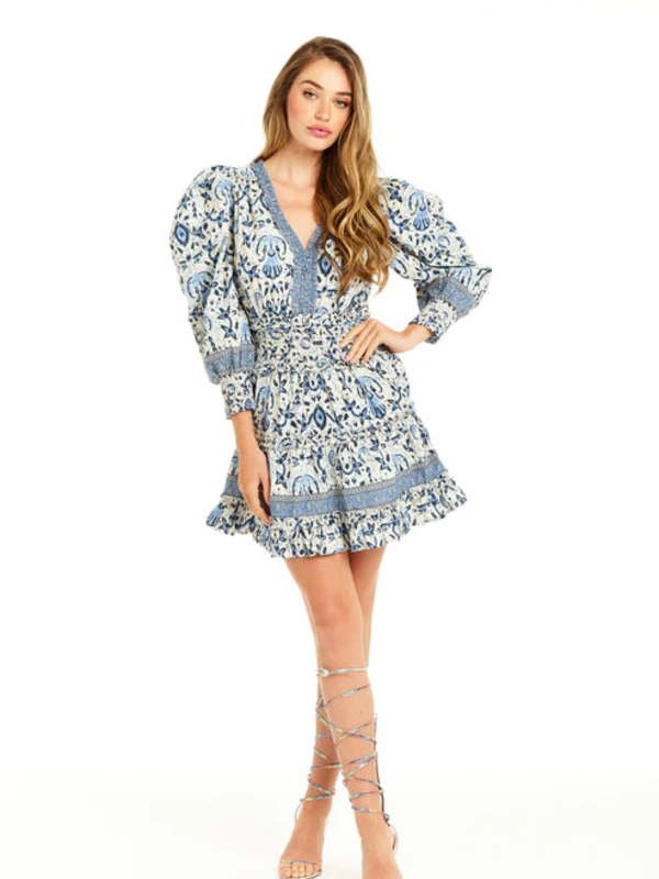 Shop Love The Label Women Eleanor Mabelline Print Tiered Mini Dress In Blue
