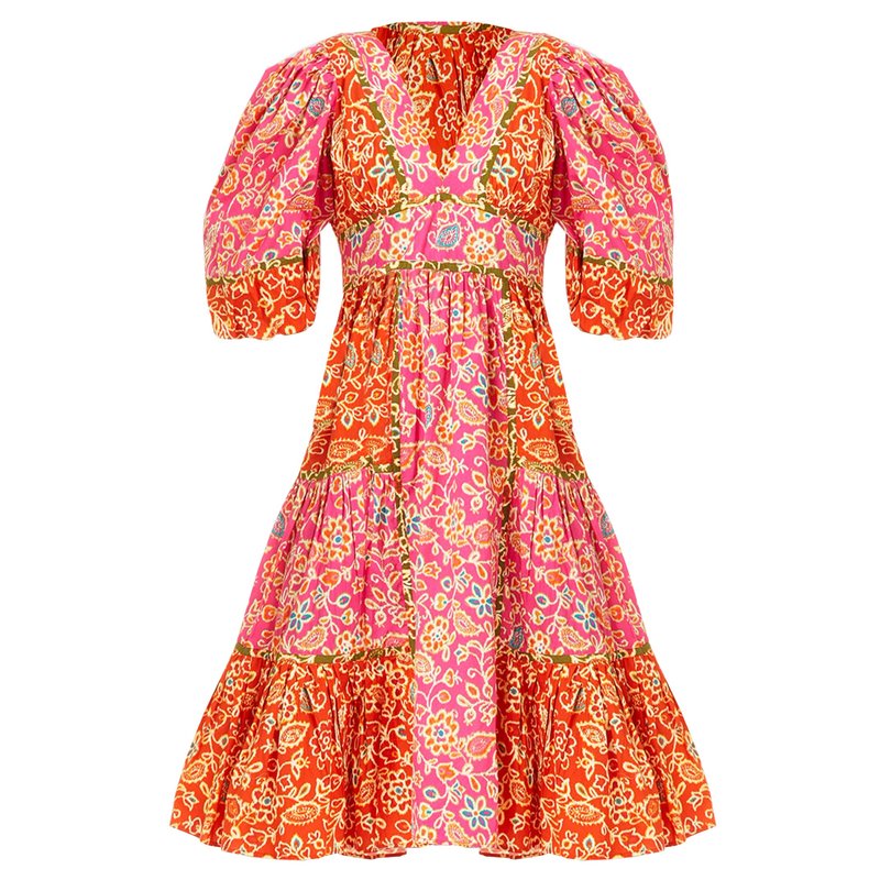Shop Love The Label Women Elise Puff Sleeve Flared Dress Alessandra Pink Print In Orange