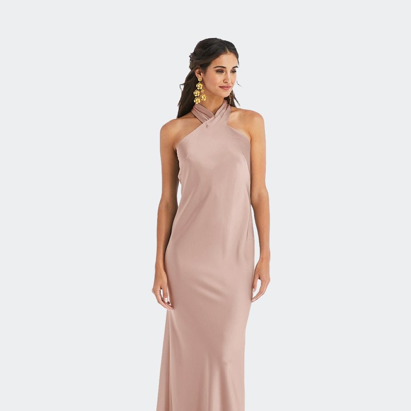 Lovely Draped Twist Halter Tie-back Trumpet Gown In Toasted Sugar