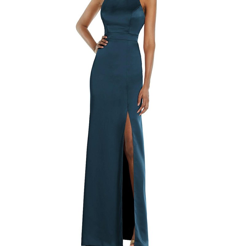 Shop Lovely High Neck Backless Maxi Dress With Slim Belt In Blue