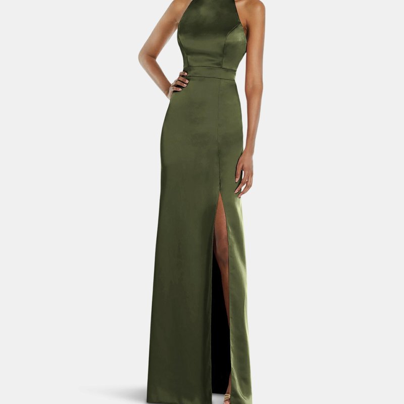 Lovely High Neck Backless Maxi Dress With Slim Belt In Olive Green