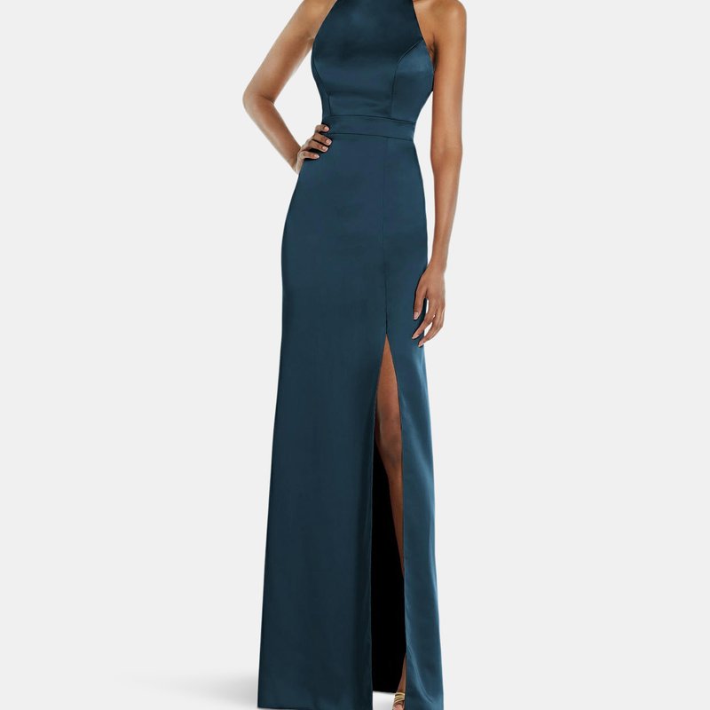 Lovely High Neck Backless Maxi Dress With Slim Belt In Atlantic Blue