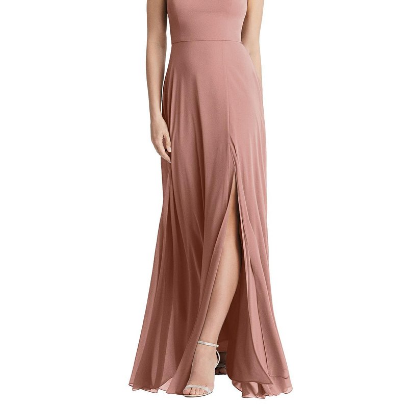 Lovely High Neck Chiffon Maxi Dress With Front Slit In Desert Rose