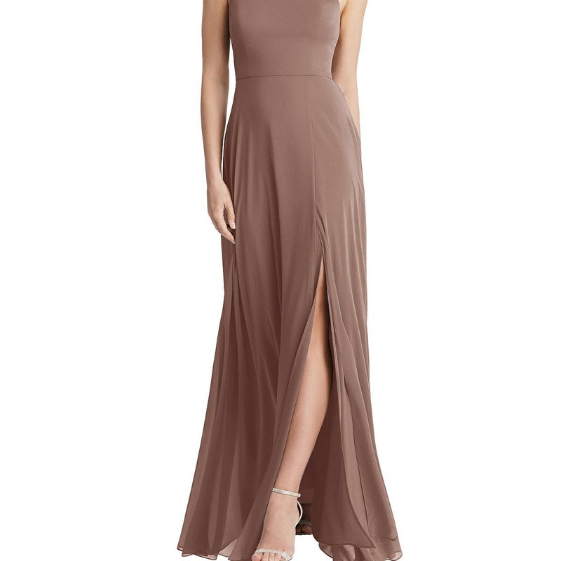 Lovely High Neck Chiffon Maxi Dress With Front Slit In Sienna