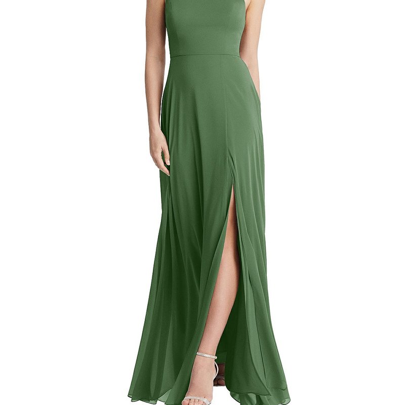 Shop Lovely High Neck Chiffon Maxi Dress With Front Slit In Green