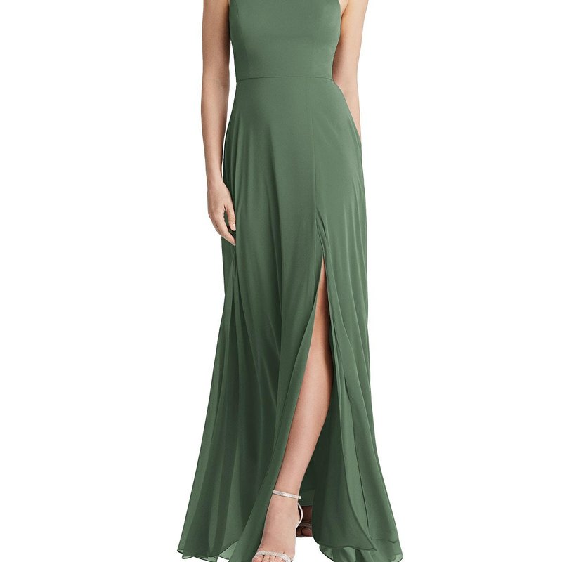 Lovely High Neck Chiffon Maxi Dress With Front Slit In Vineyard Green