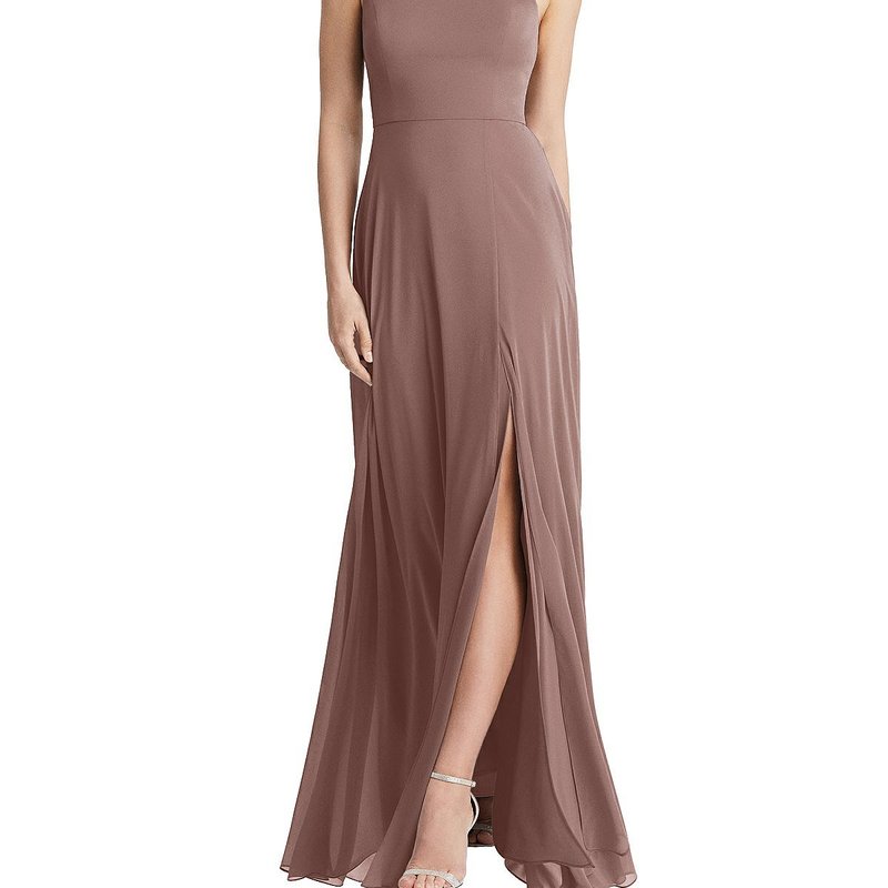 Shop Lovely High Neck Chiffon Maxi Dress With Front Slit In Brown
