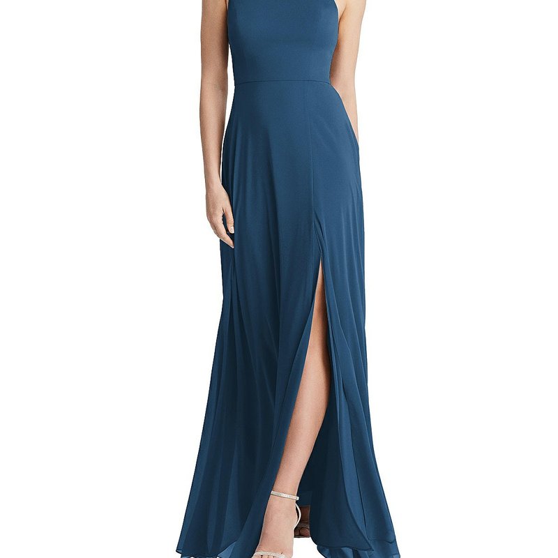 Shop Lovely High Neck Chiffon Maxi Dress With Front Slit In Blue