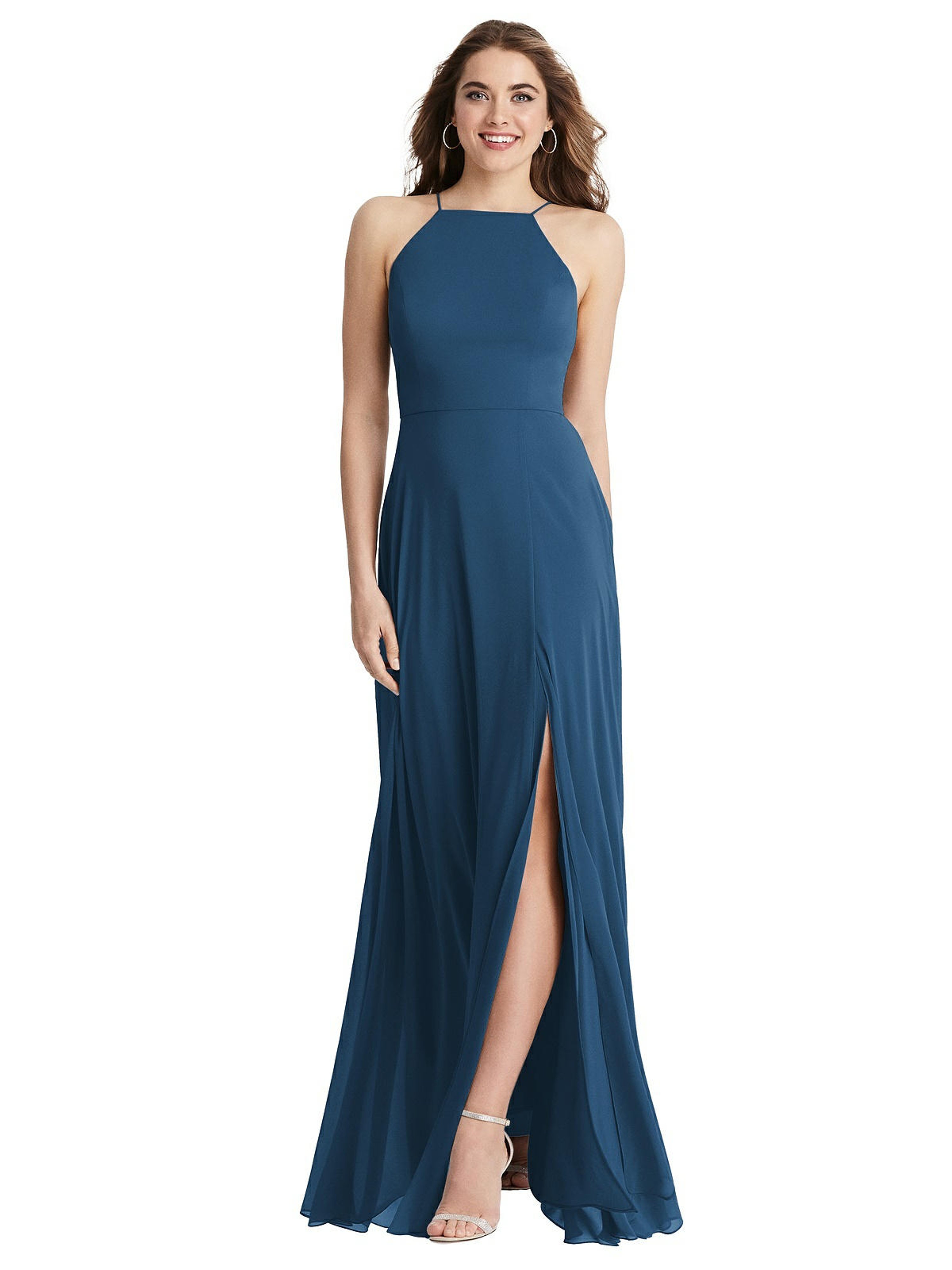 LOVELY LOVELY HIGH NECK CHIFFON MAXI DRESS WITH FRONT SLIT