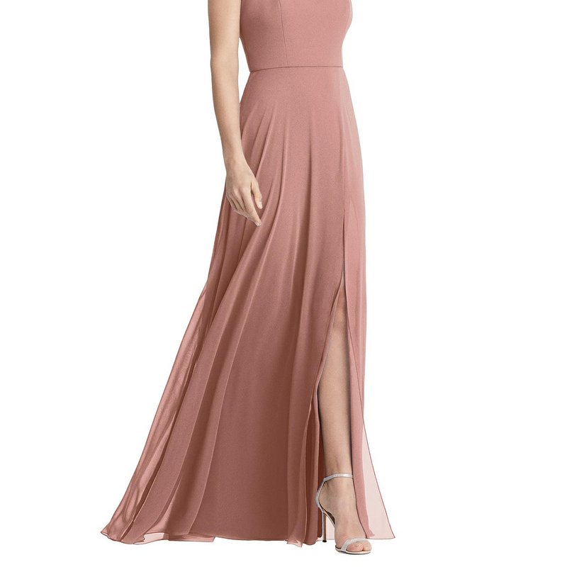 Lovely Square Neck Chiffon Maxi Dress With Front Slit In Desert Rose