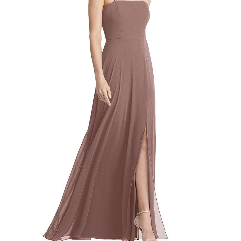Shop Lovely Square Neck Chiffon Maxi Dress With Front Slit In Brown