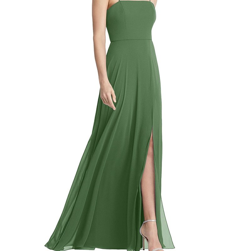 Shop Lovely Square Neck Chiffon Maxi Dress With Front Slit In Green