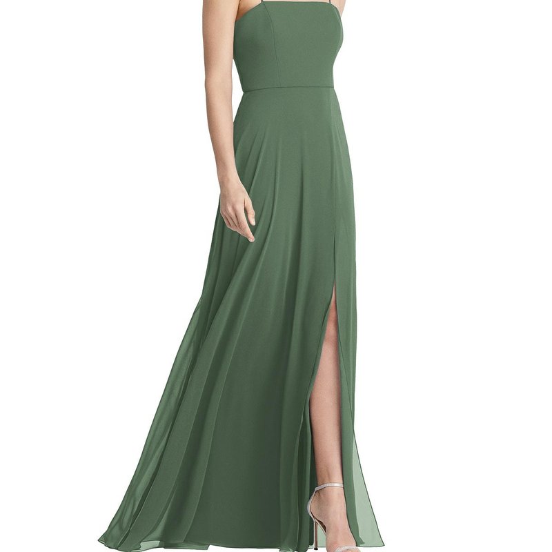 Lovely Square Neck Chiffon Maxi Dress With Front Slit In Vineyard Green