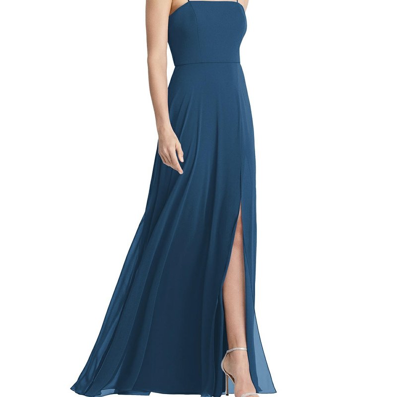 Lovely Square Neck Chiffon Maxi Dress With Front Slit In Dusk Blue