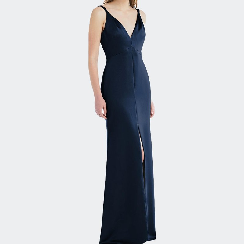 Lovely Twist Strap Maxi Slip Dress With Front Slit In Midnight Navy