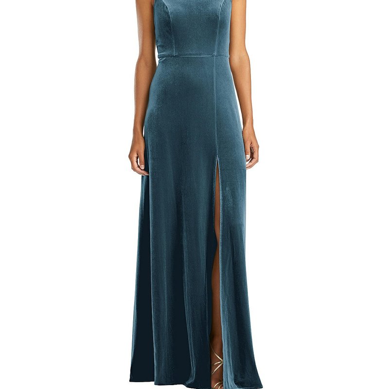 Shop Lovely Velvet Halter Maxi Dress With Front Slit In Blue