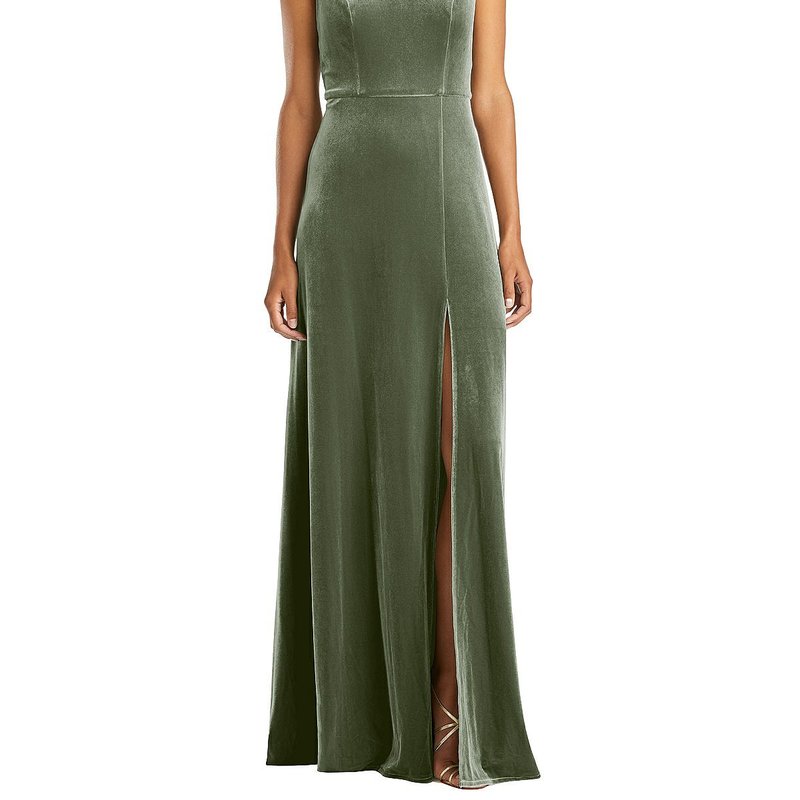 Shop Lovely Velvet Halter Maxi Dress With Front Slit In Green