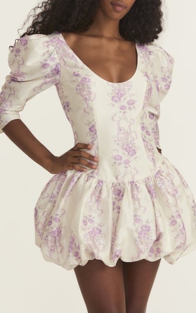 Shop Loveshackfancy Women Nelisia White Purple Floral Print Bubble Hem Mini Dress In Pink