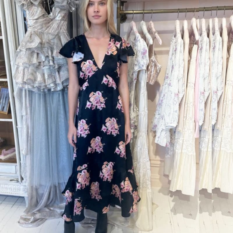 Shop Loveshackfancy Womens Elowen Black Pearl Flora Satin Jacquard Midi Dress