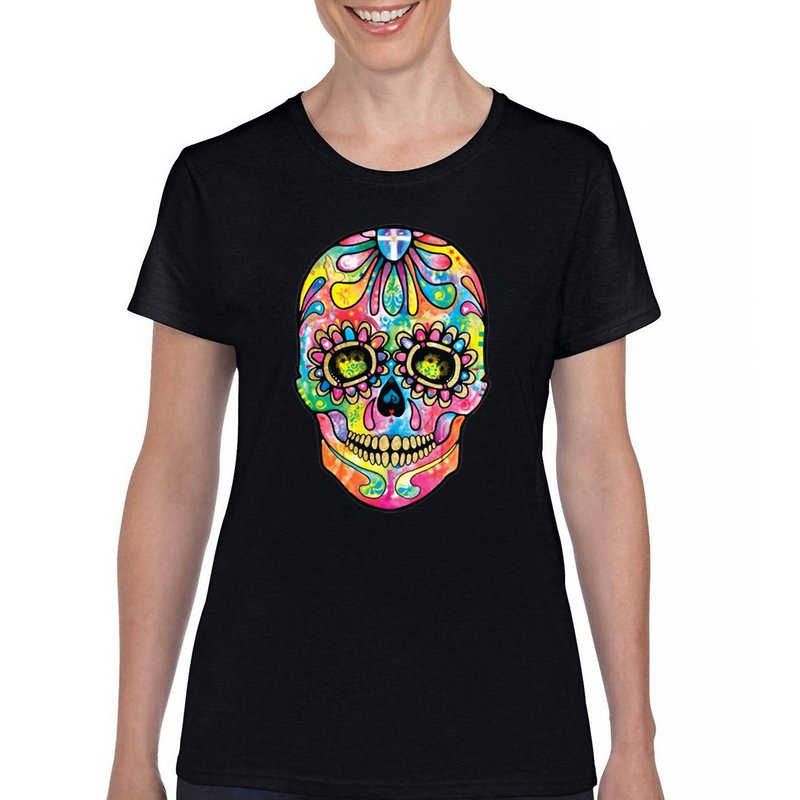 Lucky & Blessed Large Colorful Sugar Skull Tee In Black