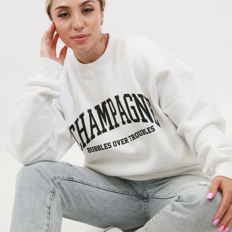 Lulusimonstudio Champagne Bubbles Over Troubles Oversized Sweatshirt In White