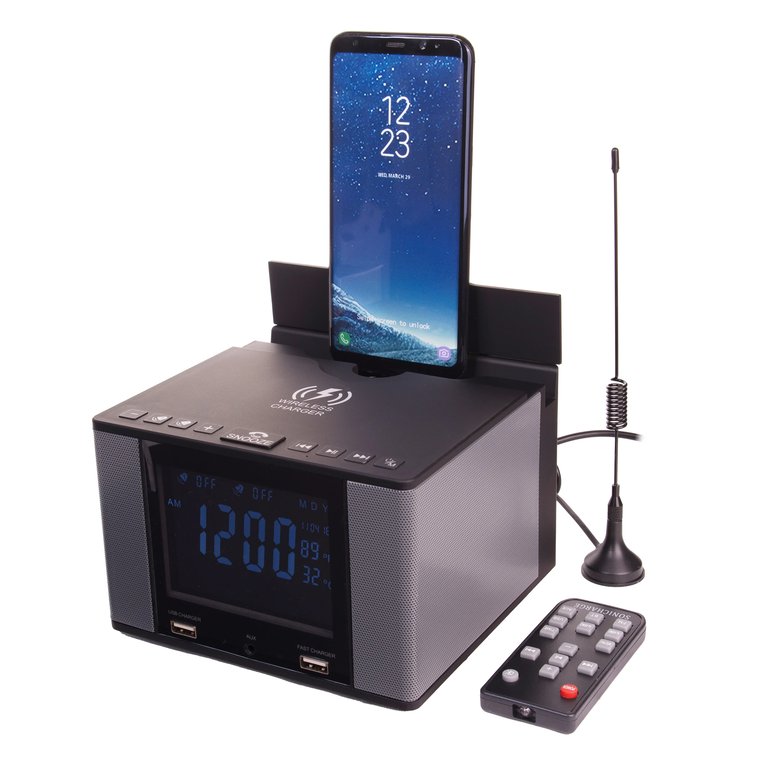 Sonic Charge-Bluetooth Speaker-Wireless Phone Charger- Clock- 8 in 1 Functions - Black