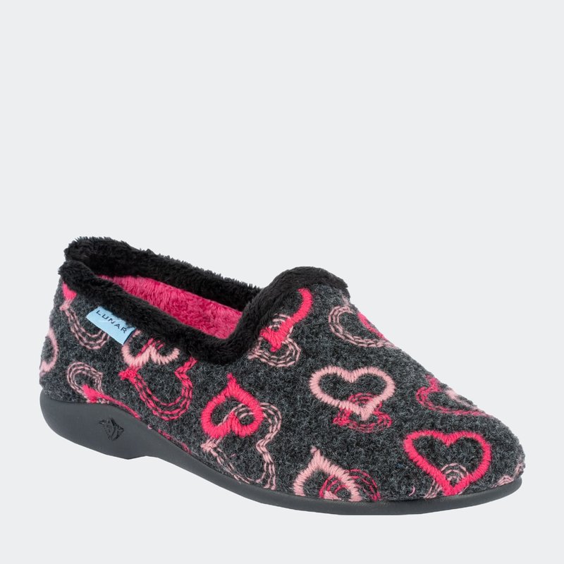Lunar Womens/ladies Jolly Hearts Slippers (black/pink)