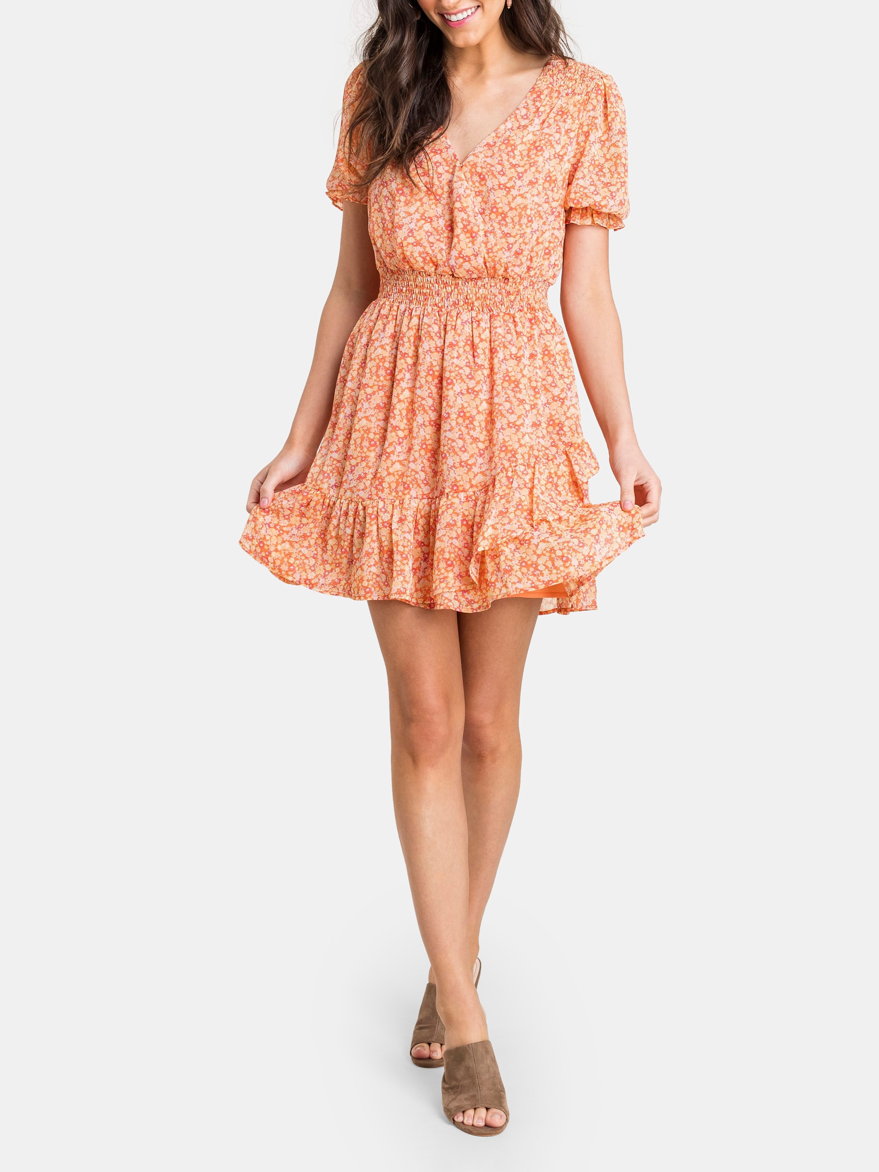Lush Printed Ruffle Smock Mini Dress In Light Coral Floral