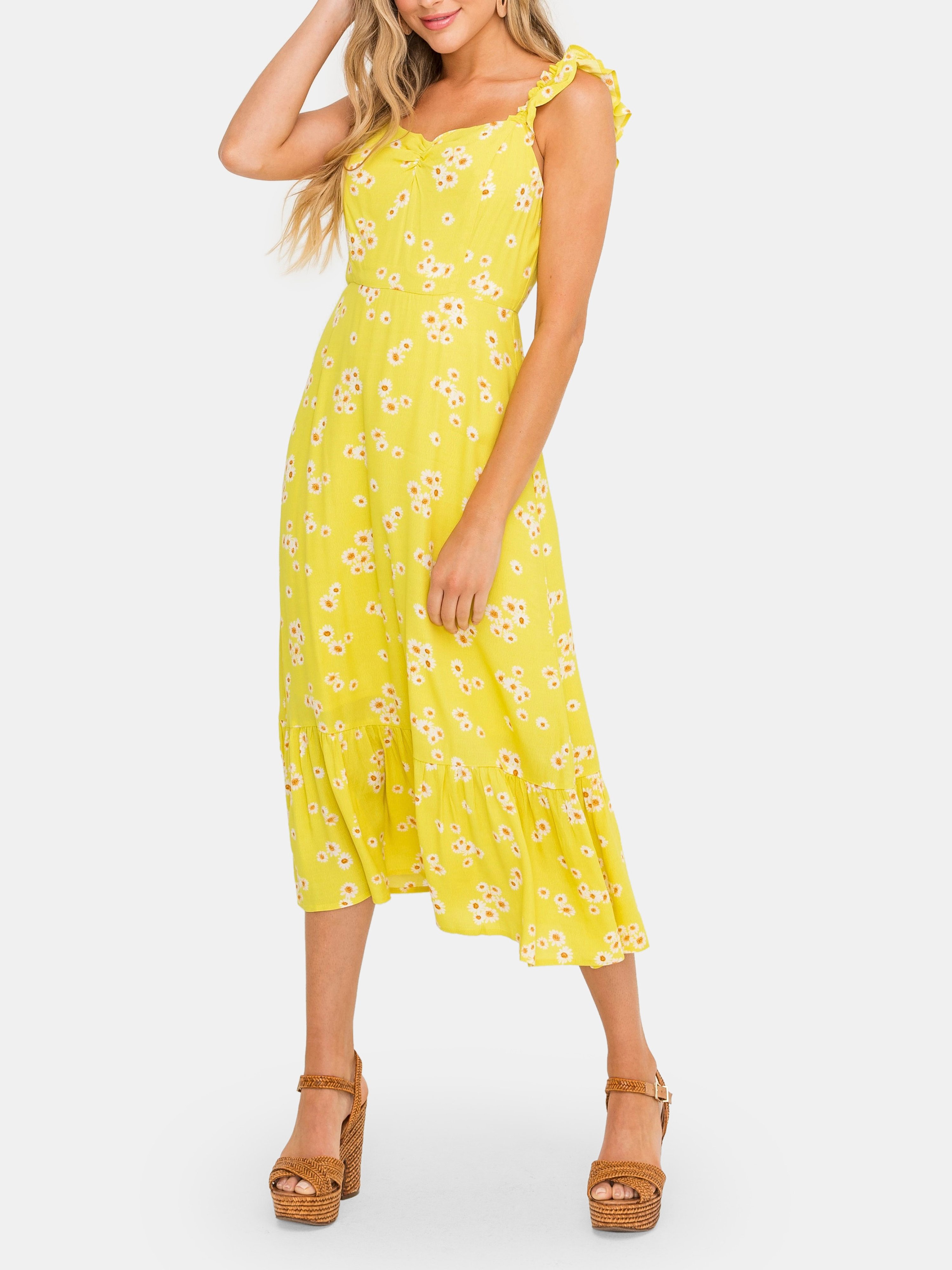 Lush Printed Ruffle Tiered Dress In Yellow Ditsy
