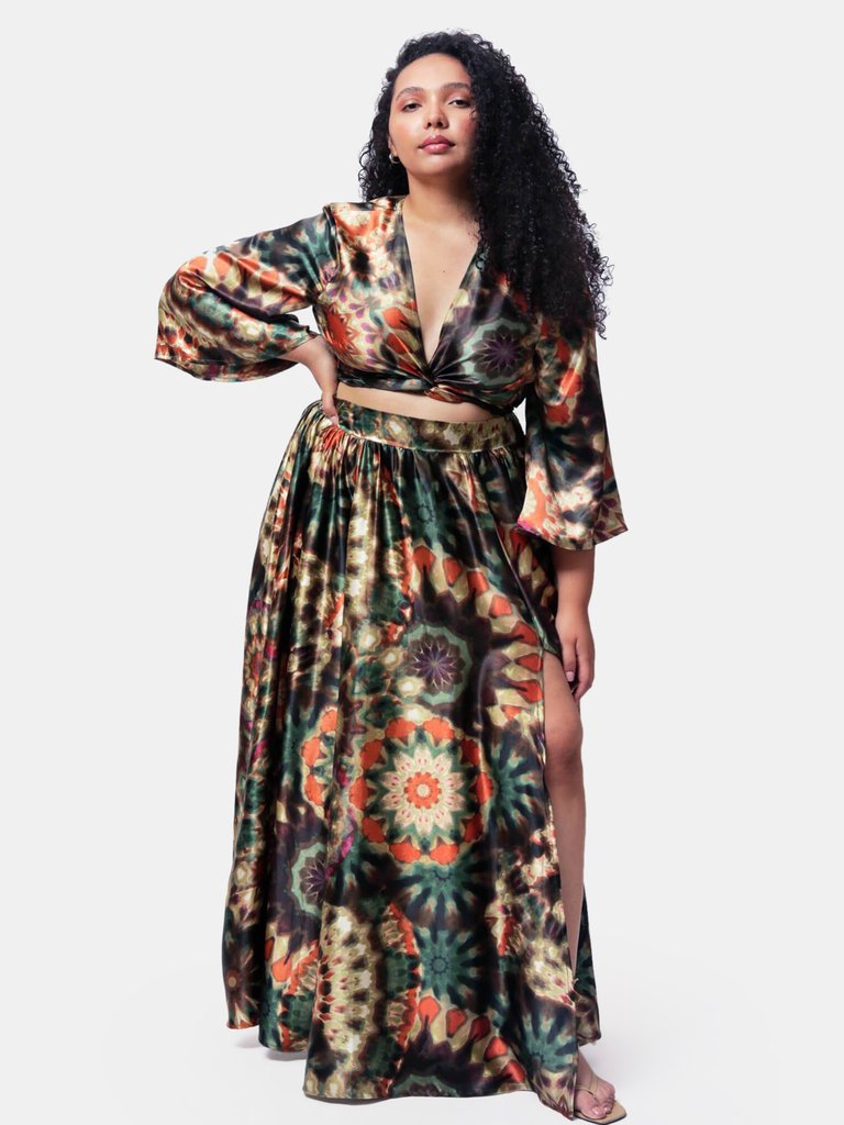 Amiyah Wrap Crop Top and Maxi Swing Skirt Two Piece Set - Satin Tie Dye