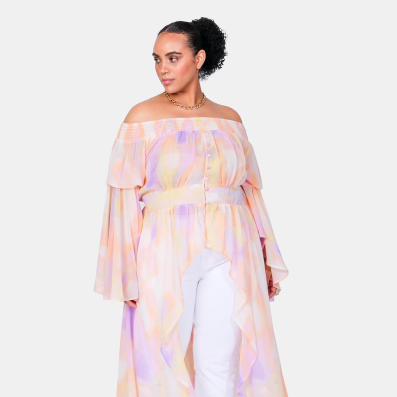 Luvmemore Andy Off The Shoulder Duster In Cotton Candy Print