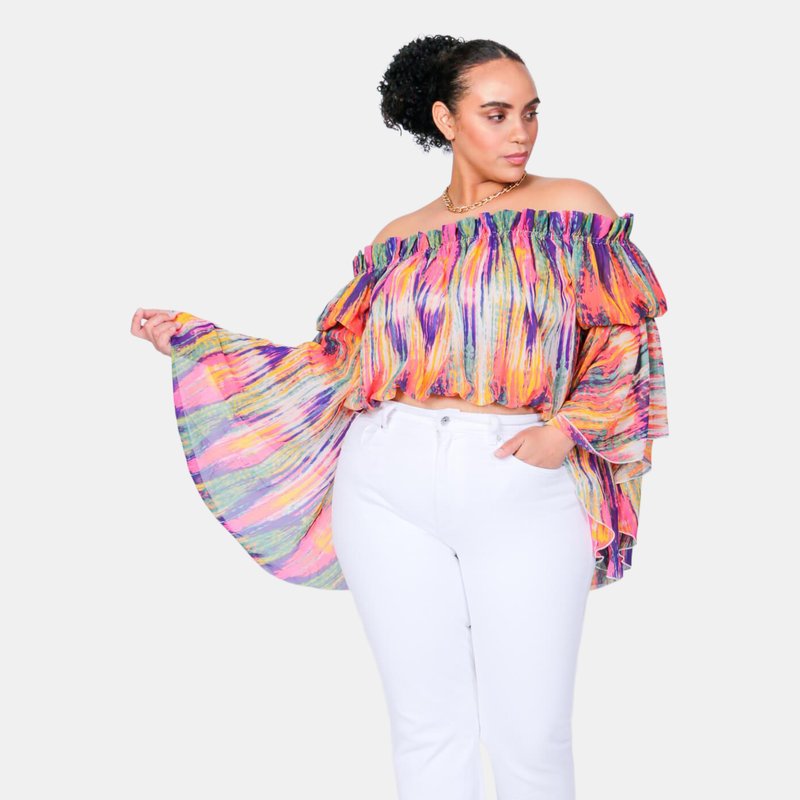 Luvmemore Bright Stripe Brittney Off The Shoulder Bell Sleeve Top In Pink