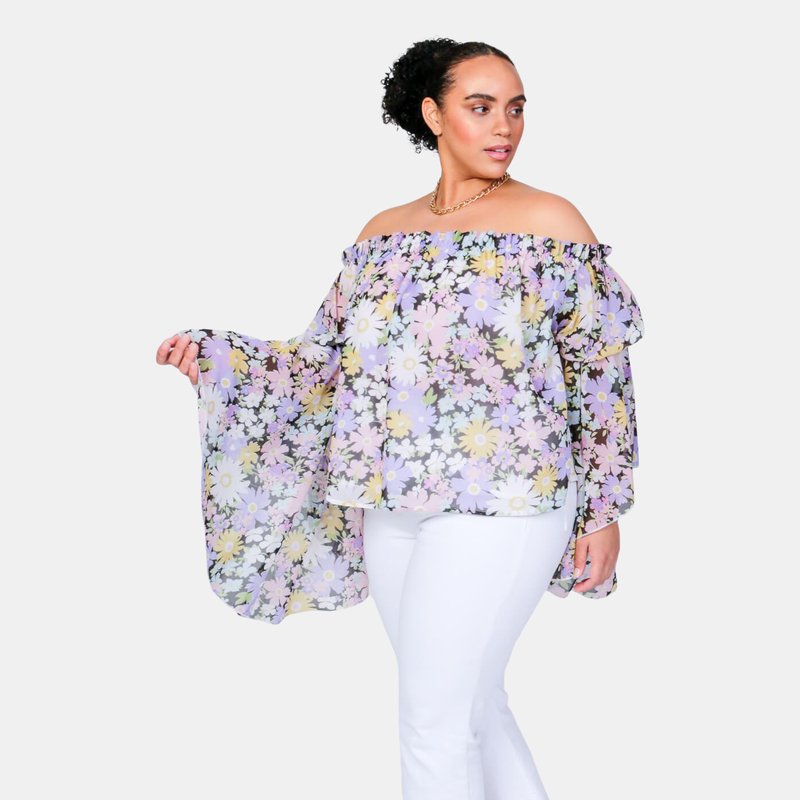 Luvmemore Daisy Print Brittney Off The Shoulder Bell Sleeve Top In Purple