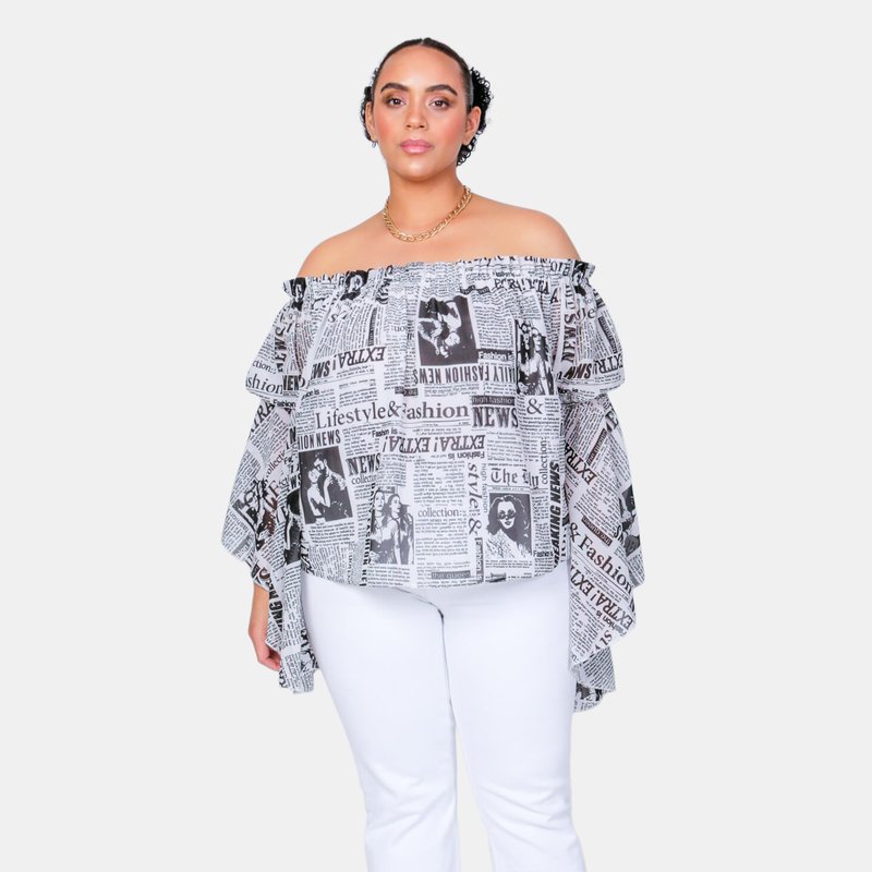 Luvmemore Newspaper Print Brittney Off The Shoulder Bell Sleeve Top In White