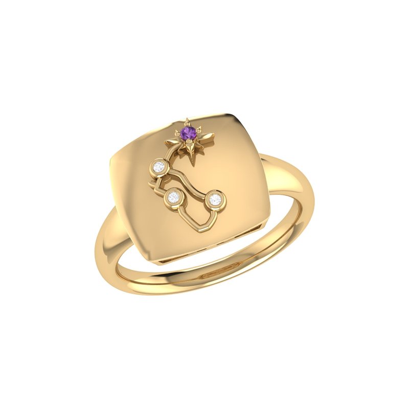 Luvmyjewelry Aquarius Water-bearer Amethyst & Diamond Constellation Signet Ring In 14k Yellow Gold On Sterling Si