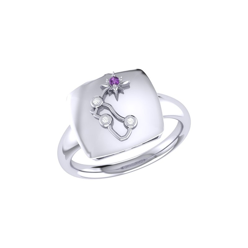 Luvmyjewelry Aquarius Water-bearer Amethyst & Diamond Constellation Signet Ring In Sterling Silver In Grey