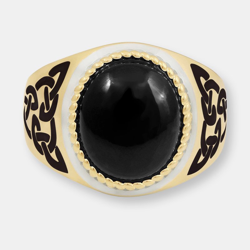 Luvmyjewelry Black Onyx Stone Signet Ring In 14k Yellow Gold Plated Sterling Silver With Enamel