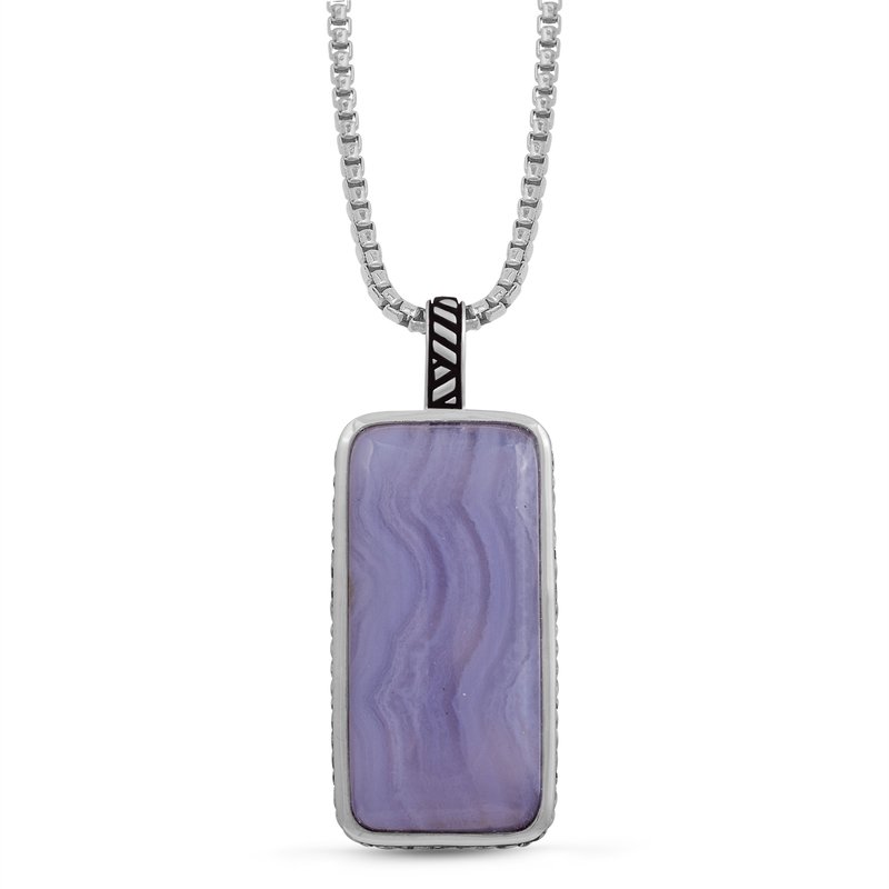 Shop Luvmyjewelry Blue Lace Agate Stone Tag In Black Rhodium Plated Sterling Silver In Grey