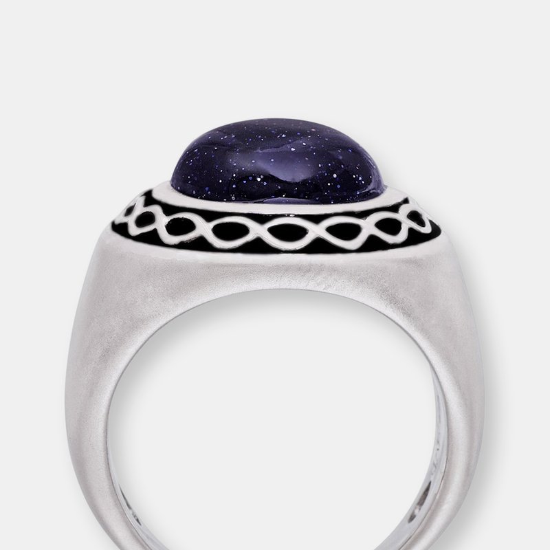 Shop Luvmyjewelry Blue Sand Stone Flat Back Cabochon Signet Ring In Black Rhodium Plated Sterling Silver
