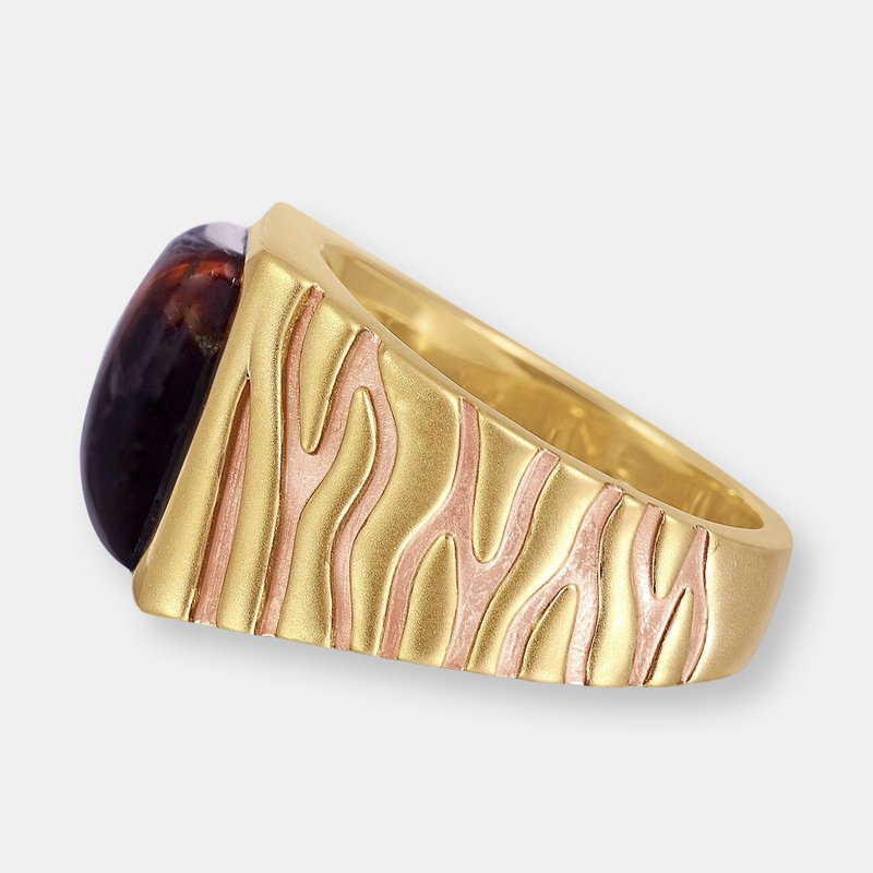 Shop Luvmyjewelry Chatoyant Red Tiger Eye Stone Signet Ring In Brown Rhodium & 14k Yellow Gold Plated Sterling Silver