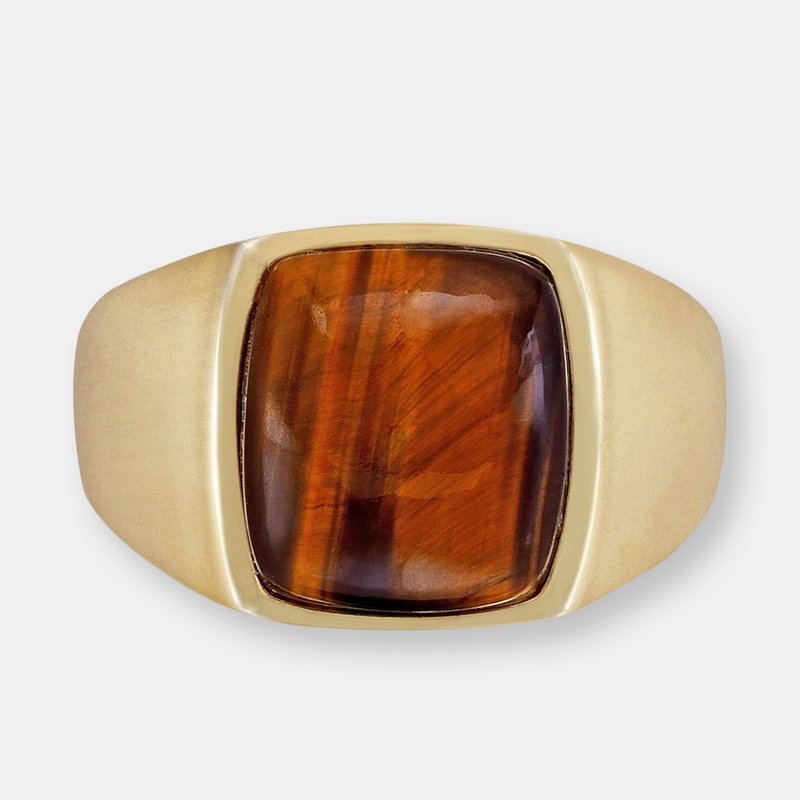 Luvmyjewelry Chatoyant Yellow Tiger Eye Signet Ring In 14k Yellow Gold Plated Sterling Silver