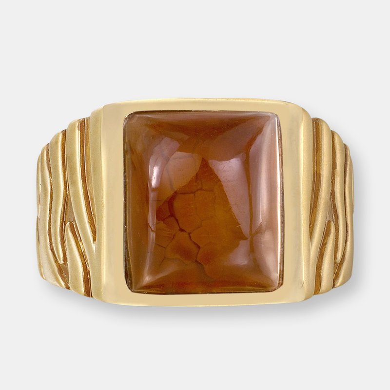 Luvmyjewelry Cracked Agate Stone Signet Ring In Brown Rhodium & 14k Yellow Gold Plated Sterling Silver
