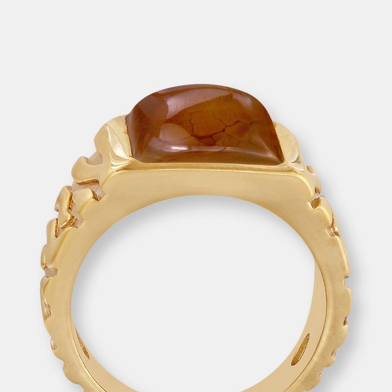 Shop Luvmyjewelry Cracked Agate Stone Signet Ring In Brown Rhodium & 14k Yellow Gold Plated Sterling Silver