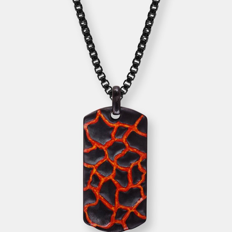 Luvmyjewelry Earth & Fire Black Rhodium Plated Sterling Silver Textured Red Orange Enamel Tag