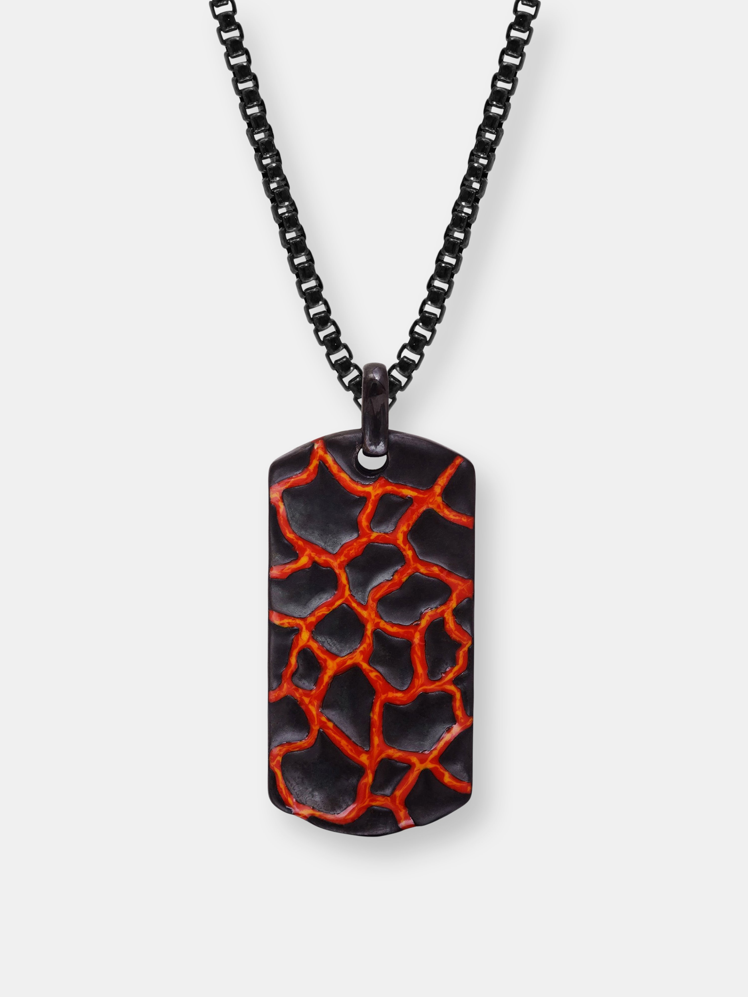 LUVMYJEWELRY LUVMYJEWELRY EARTH & FIRE BLACK RHODIUM PLATED STERLING SILVER TEXTURED RED ORANGE ENAMEL TAG