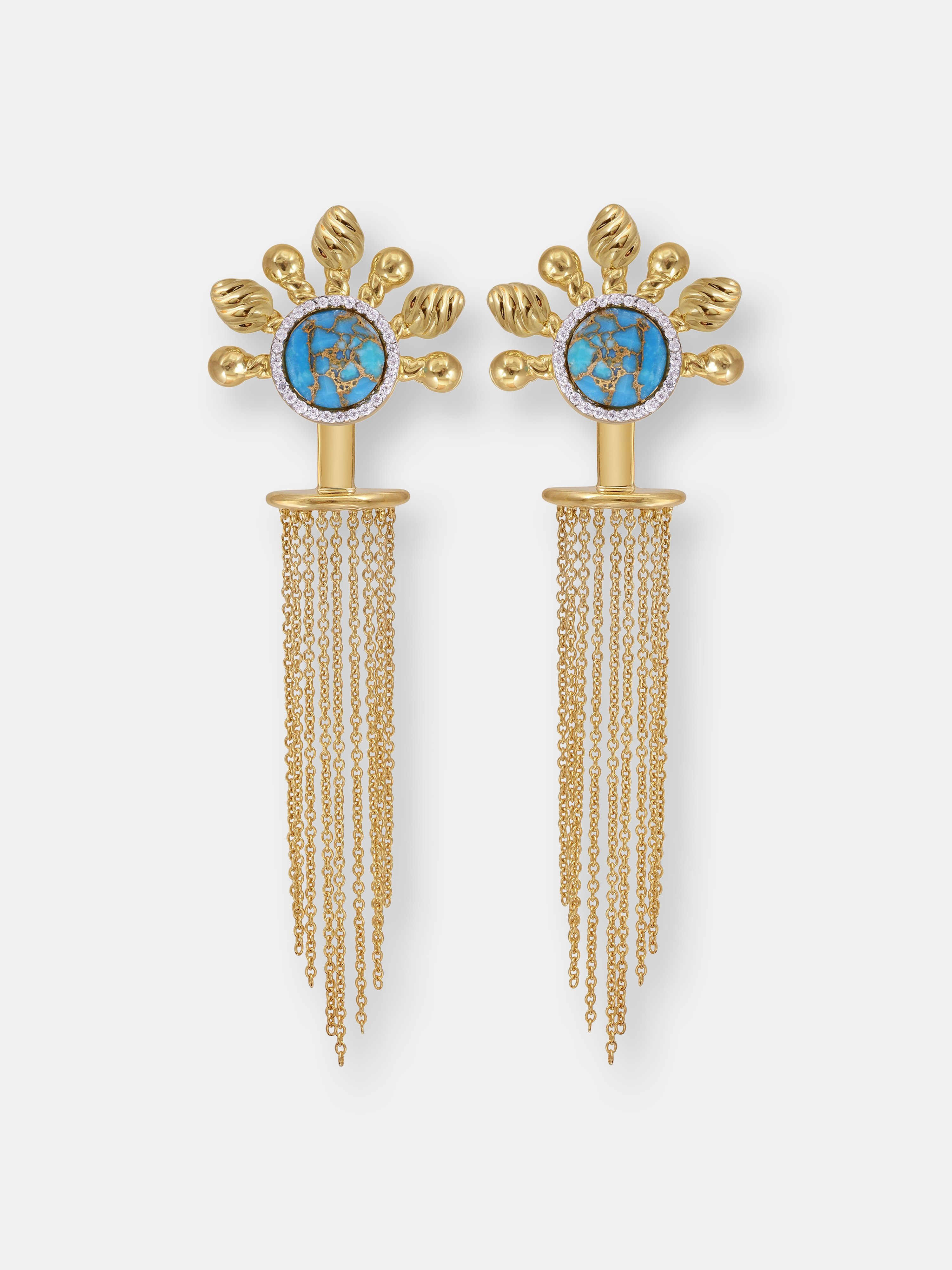 Luvmyjewelry Floating Rays Half Sun Turquoise Detachable Diamond Earrings In 14k Yellow Gold Plated
