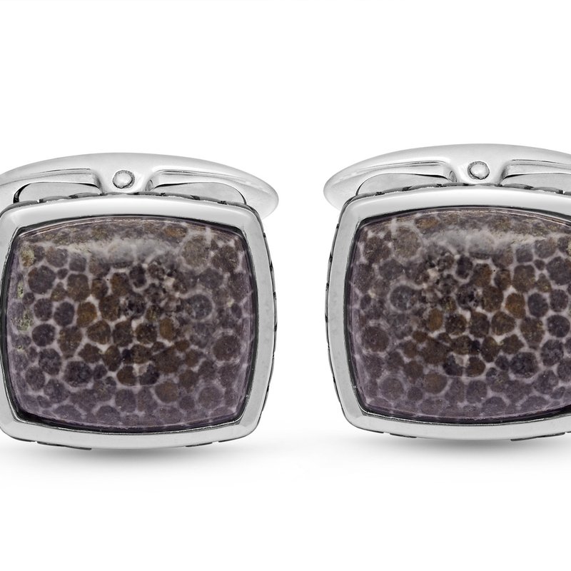 Shop Luvmyjewelry Fossil Agate Stone Cufflinks In Black Rhodium Plated Sterling Silver In Grey